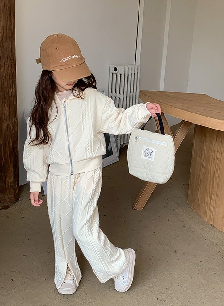 Loquat Girl's Solid Color knitted Long Sleeve Hooded Tops And Split Flared Pants Set Apricot - Image 1