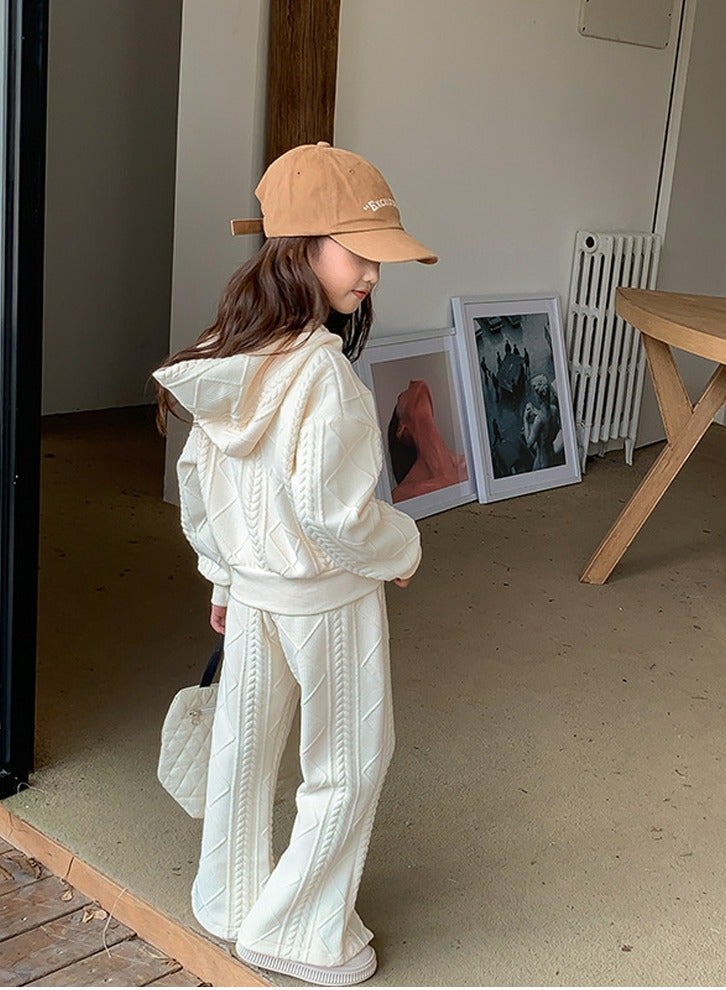 Loquat Girl's Solid Color knitted Long Sleeve Hooded Tops And Split Flared Pants Set Apricot - Image 3