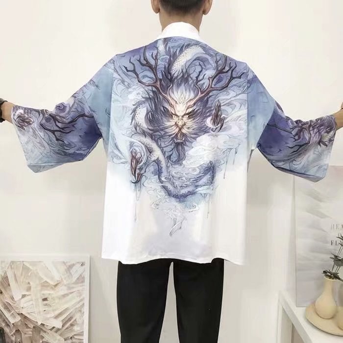 Trendy Korean Summer Mens Open Cardigan with Dragon Print 09 Claw Dragon 