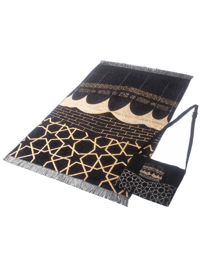 Black & Gold Chenille Prayer Mat Set with Matching Crossbody Bag, Geometric Star Design - Image 1