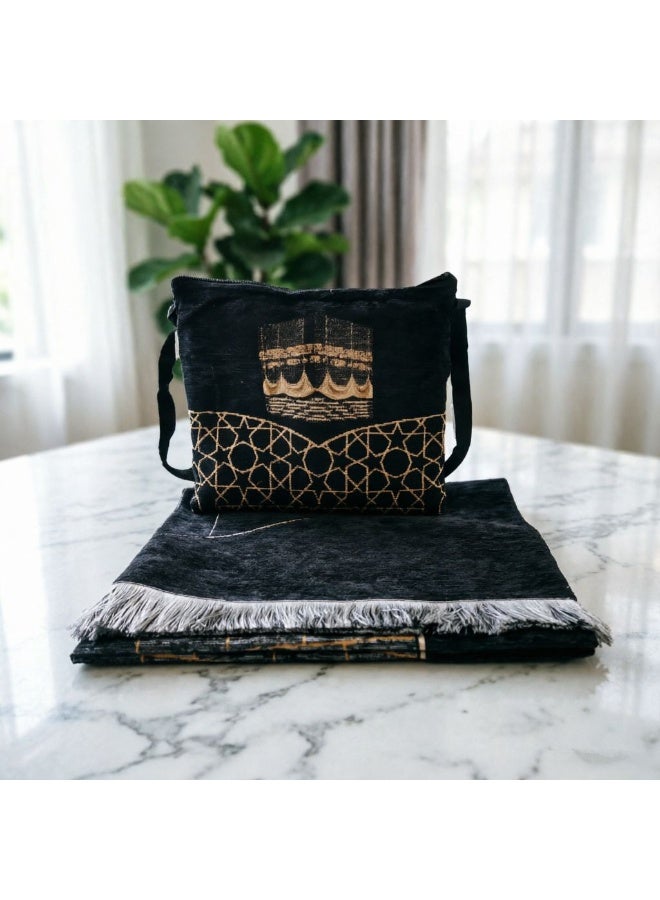 Black & Gold Chenille Prayer Mat Set with Matching Crossbody Bag, Geometric Star Design - Image 2