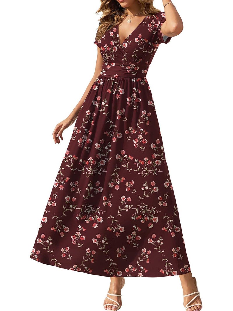 Gracyoga Maxi Dresses for Women 2025 Casual Long Short Sleeve Wrap A Line Dress Fall Flattering Elegant Elastic Waist Sundress Red Floral Printed L - Image 1