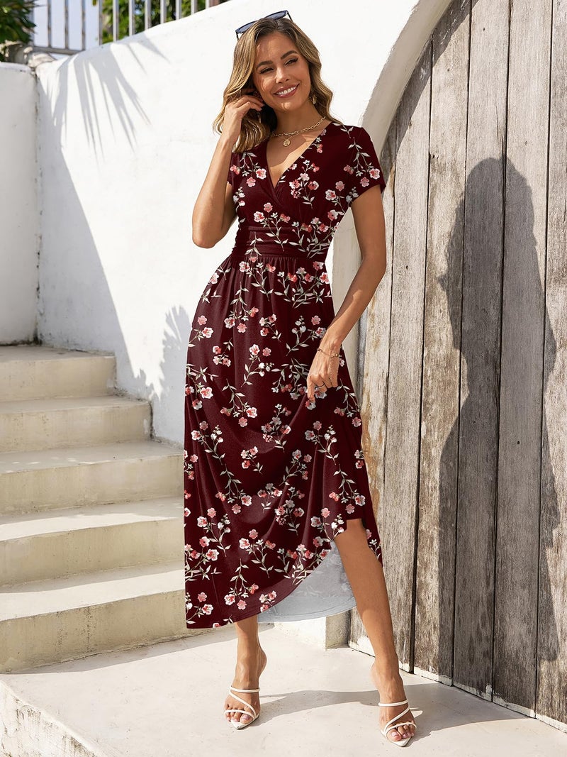 Gracyoga Maxi Dresses for Women 2025 Casual Long Short Sleeve Wrap A Line Dress Fall Flattering Elegant Elastic Waist Sundress Red Floral Printed L - Image 4