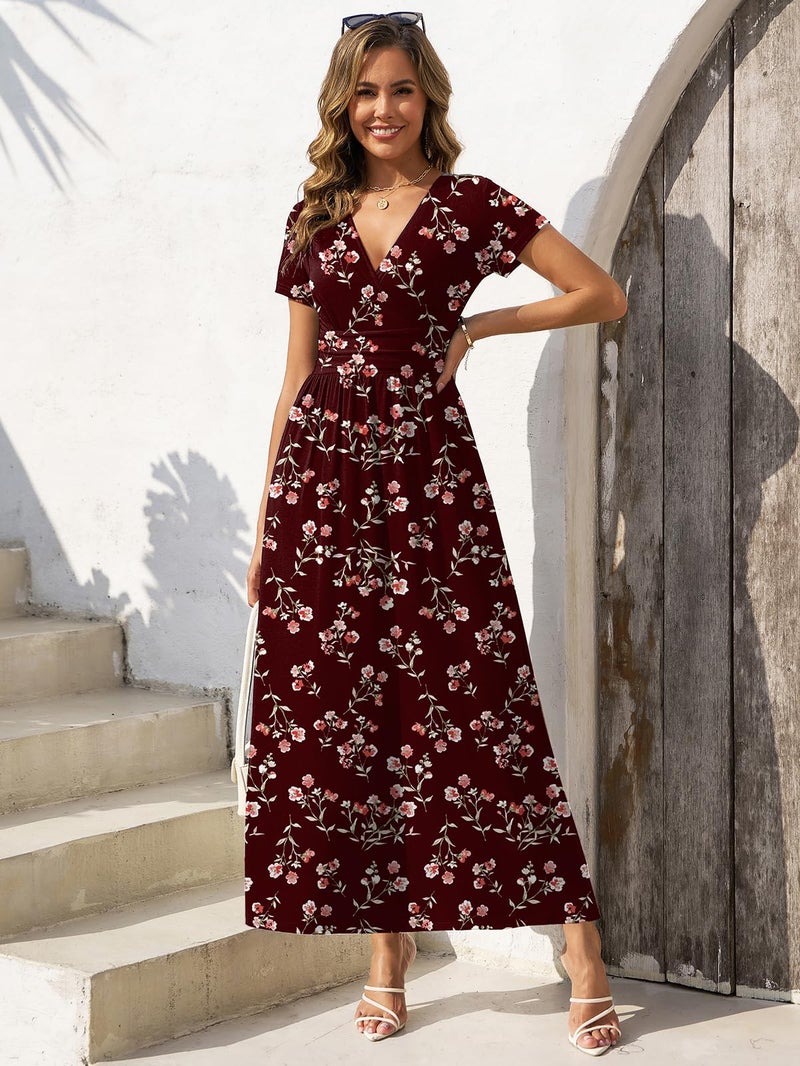 Gracyoga Maxi Dresses for Women 2025 Casual Long Short Sleeve Wrap A Line Dress Fall Flattering Elegant Elastic Waist Sundress Red Floral Printed L - Image 5