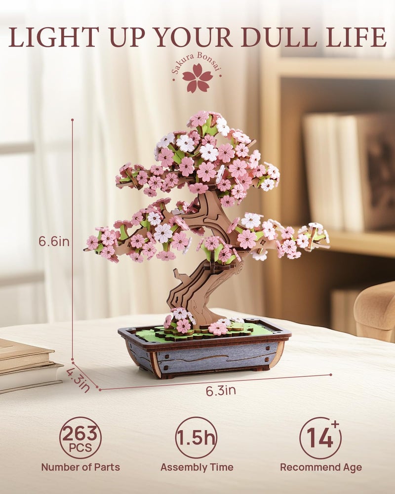 Rowood 3D Wooden Puzzles for Adults,DIY Cherry Blossom Bonsai Tree Botanical Collection Building Set,Craft Kit Gift for Adults on Christmas Birthday ThanksgivingDay-Sakura Bonsai - Image 3