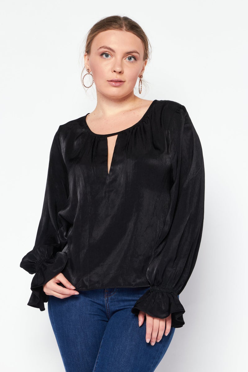 DKNY بلوزة نسائية بياقة دائرية وأكمام طويلة، سوداء - Image 1