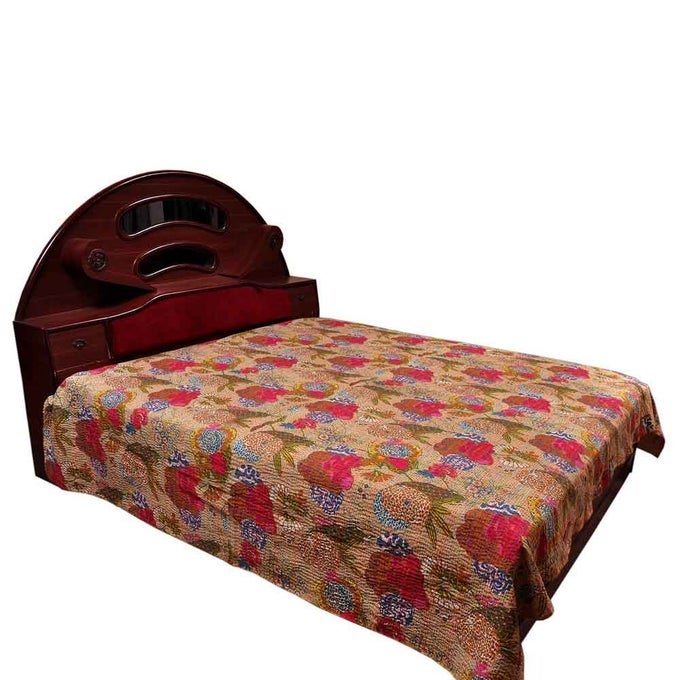KANTHA EMBROIDERY THREAD WORK COTTON DOUBLE BED COVER BEIGE DLI3DBS527