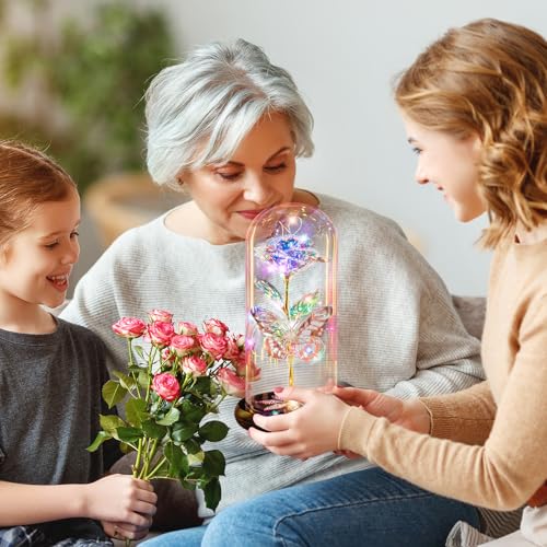 Pusuny Mothers Day Flowers Gifts for Mom Women Birthday Gift, Galaxy Glass Rose Forever Eternal Crystal Rose in Glass Dome with Butterfly Mother's Day Roses Gifts for Mom Daughter Wife Women Grandma Colorful - Image 4