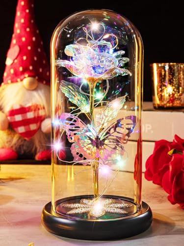 Pusuny Mothers Day Flowers Gifts for Mom Women Birthday Gift, Galaxy Glass Rose Forever Eternal Crystal Rose in Glass Dome with Butterfly Mother's Day Roses Gifts for Mom Daughter Wife Women Grandma Colorful - Image 1