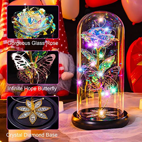 Pusuny Mothers Day Flowers Gifts for Mom Women Birthday Gift, Galaxy Glass Rose Forever Eternal Crystal Rose in Glass Dome with Butterfly Mother's Day Roses Gifts for Mom Daughter Wife Women Grandma Colorful - Image 2