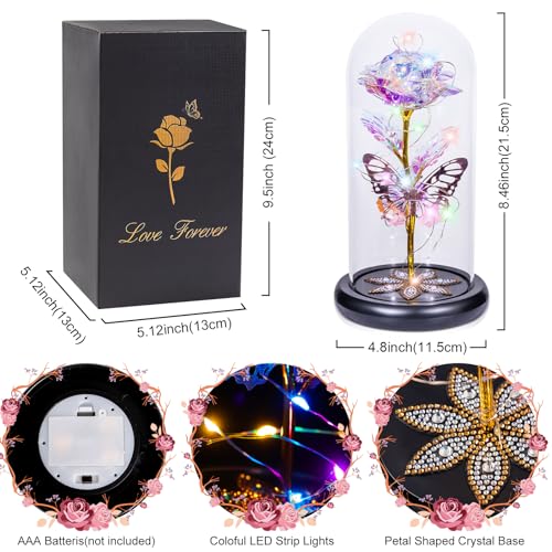 Pusuny Mothers Day Flowers Gifts for Mom Women Birthday Gift, Galaxy Glass Rose Forever Eternal Crystal Rose in Glass Dome with Butterfly Mother's Day Roses Gifts for Mom Daughter Wife Women Grandma Colorful - Image 3