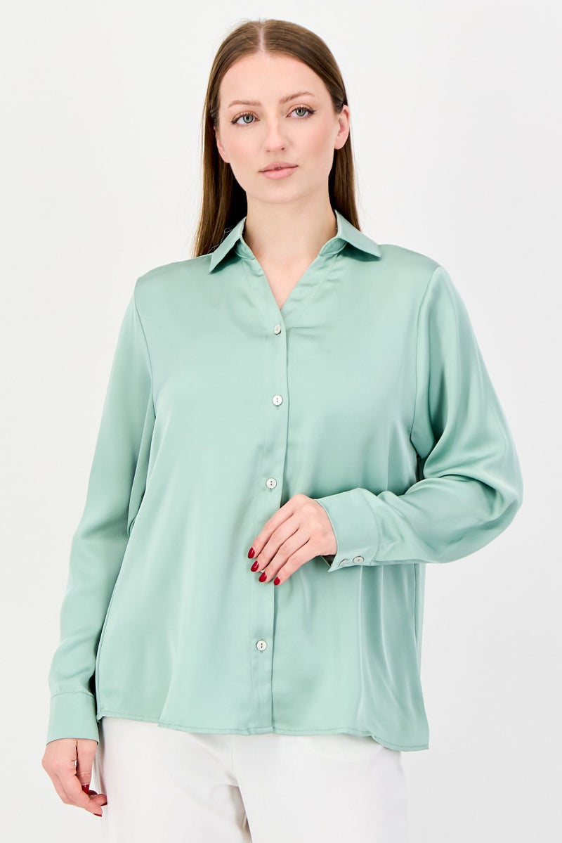 bebe Women Spread Collar Long Sleeves Plain Shirt, Pista Green - Image 1