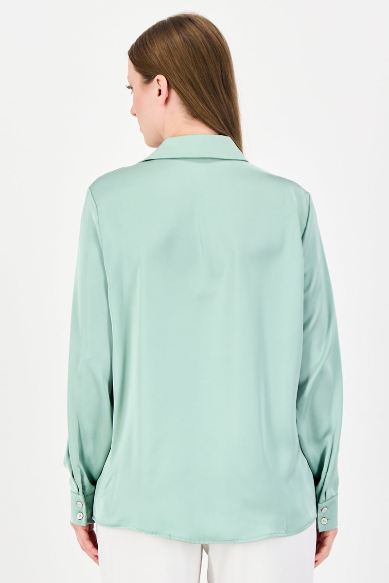 bebe Women Spread Collar Long Sleeves Plain Shirt, Pista Green - Image 3