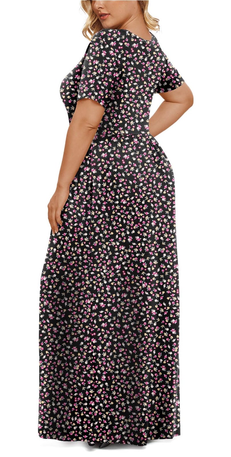 LONGYUAN Women's Plus Size Maxi Dresses for Curvy Women Summer Short Sleeve Casual 2026 Long Dress Black Fl 3XL - Image 3