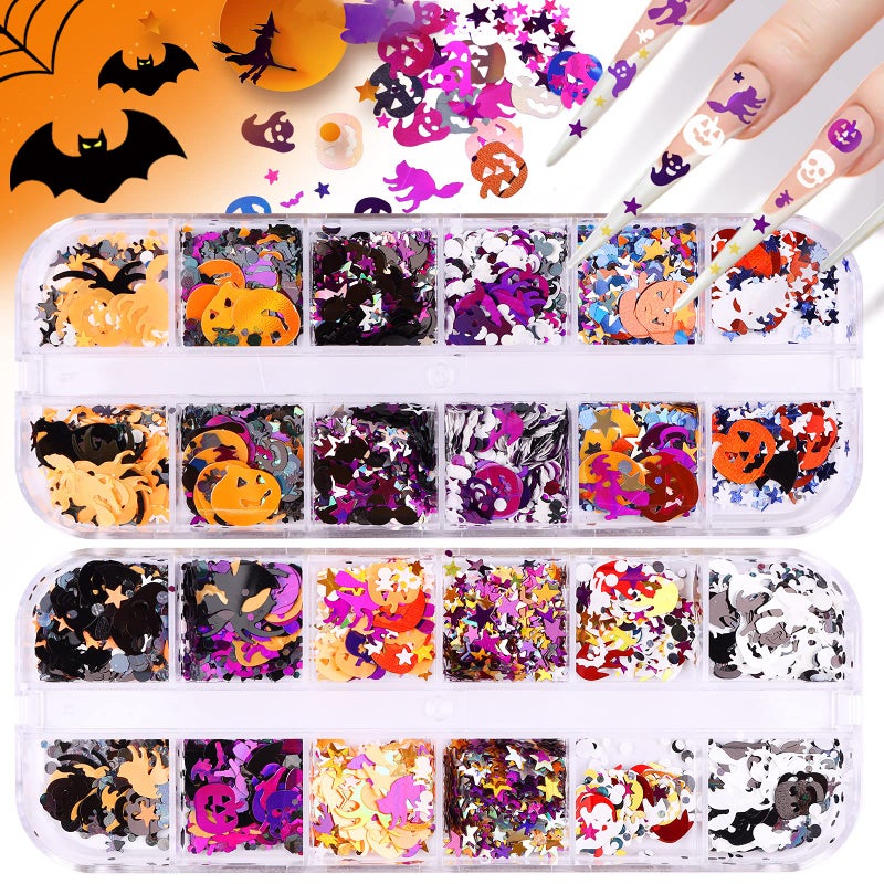 EBANKU 2 Boxes Halloween Nail Art Glitter Sequins 3D Holographic Spider Pumpkin Witch Bat Confetti Glitter for Acrylic Nails Halloween Party Decor
