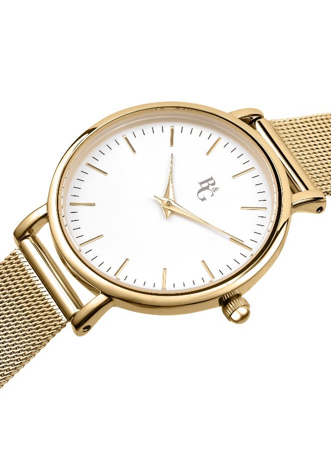 B&G Women's White Round Analog Dial with Gold Metal Band Watch - 34mm - R3853252543 - Image 3