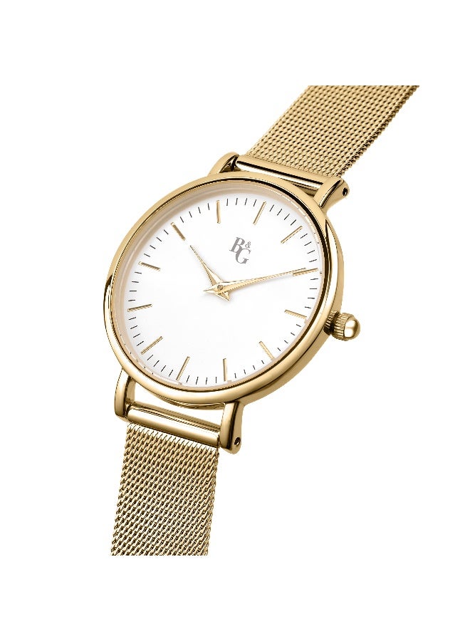 B&G Women's White Round Analog Dial with Gold Metal Band Watch - 34mm - R3853252543 - Image 2