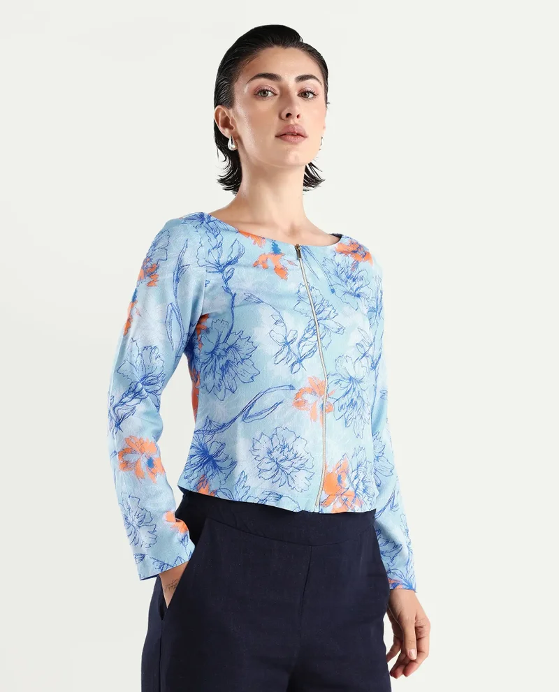 Rareism Women's Printed Top With Zipper Opening