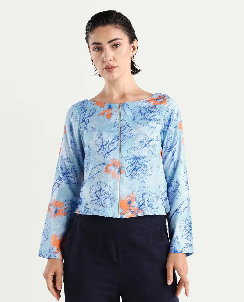 Rareism Women's Printed Top With Zipper Opening