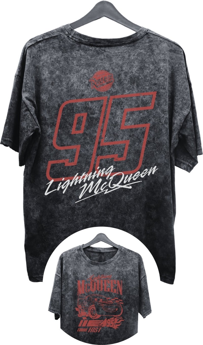 Fuddy Moda Unisex Lightning Mcqueen Back Printed Washed T-Shirt, Oversize Cars Printed Vintage T-Shirt  - Image 1