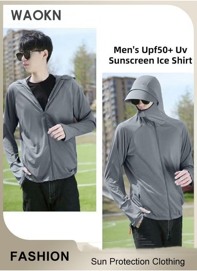 WAOKN Men's UPF 50+ Sun Protection Clothing, Outdoor Lightweight Full Zip Hoodie Jacket with Face Mask Design, Comfy Breathable Long Sleeve Coat with Thumbholes and Detachable Brim, Suitable for Daily Wear, Sports Training, Hiking, Fishing, Climbing or Other Outdoor Activities—L - Image 4