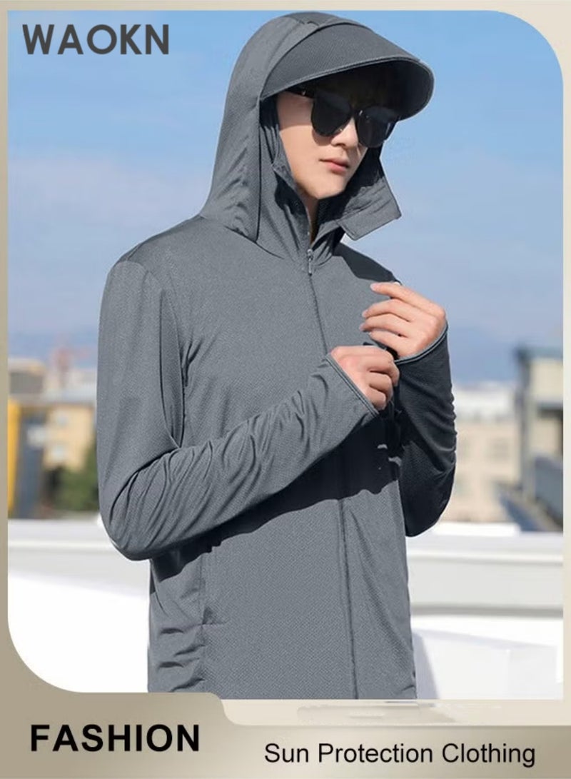 WAOKN Men's UPF 50+ Sun Protection Clothing, Outdoor Lightweight Full Zip Hoodie Jacket with Face Mask Design, Comfy Breathable Long Sleeve Coat with Thumbholes and Detachable Brim, Suitable for Daily Wear, Sports Training, Hiking, Fishing, Climbing or Other Outdoor Activities—L - Image 2