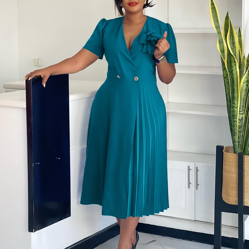 C8628 Foreign Trade Womens 2025 Summer V-neck Fashion Short-sleeved Solid Color Elegant Fashion Pleated African European and American dress Khaki + corsage - Image 3