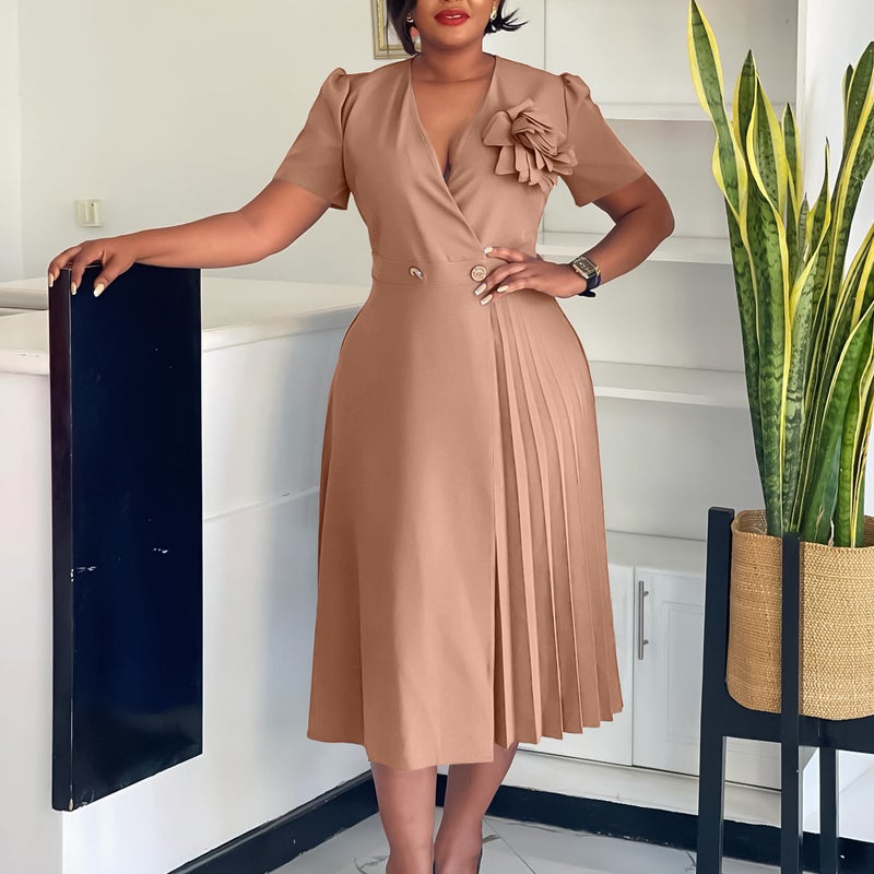 C8628 Foreign Trade Womens 2025 Summer V-neck Fashion Short-sleeved Solid Color Elegant Fashion Pleated African European and American dress Khaki + corsage - Image 1