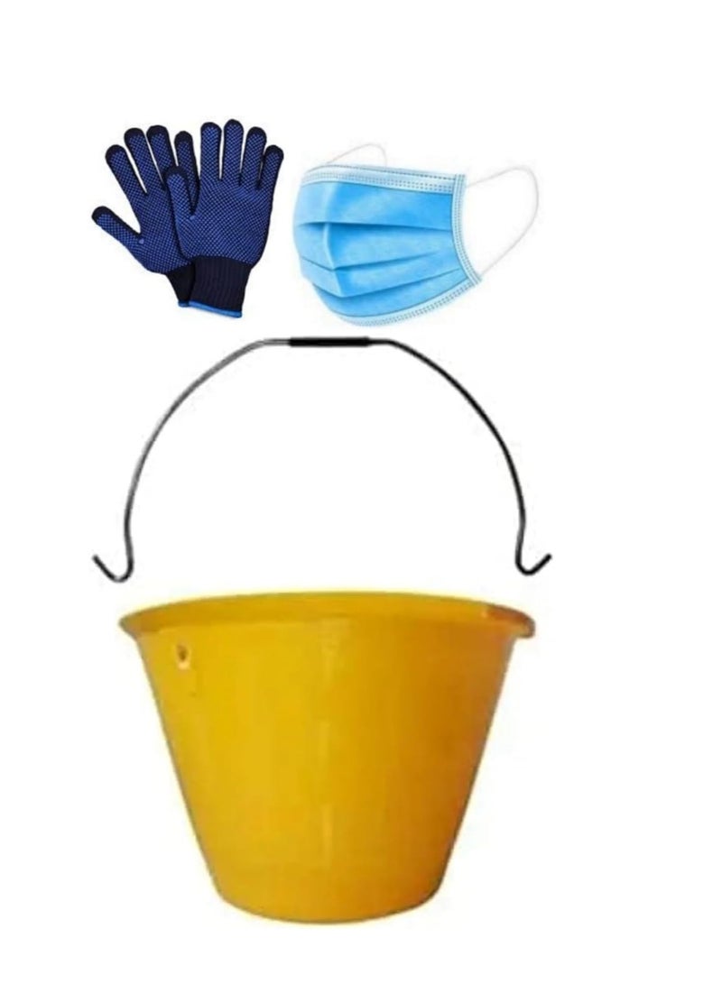 ABBASALI PVC Light Weight Bucket with Handle for Outdoor Gardeners,Construction Field etc With 3 Pair Gloves & 20Pcs Face Mask (1, YELLOW)  - Image 1