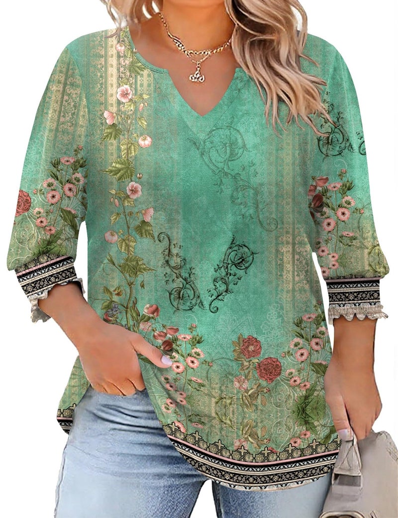 Rapbin Boho Tops for Women Plus Size Early Fall Fashion Peasant Blouses for Women Business Casual Plus Size Teacher Outfits (Boho Green Printed 2XL) - Image 1