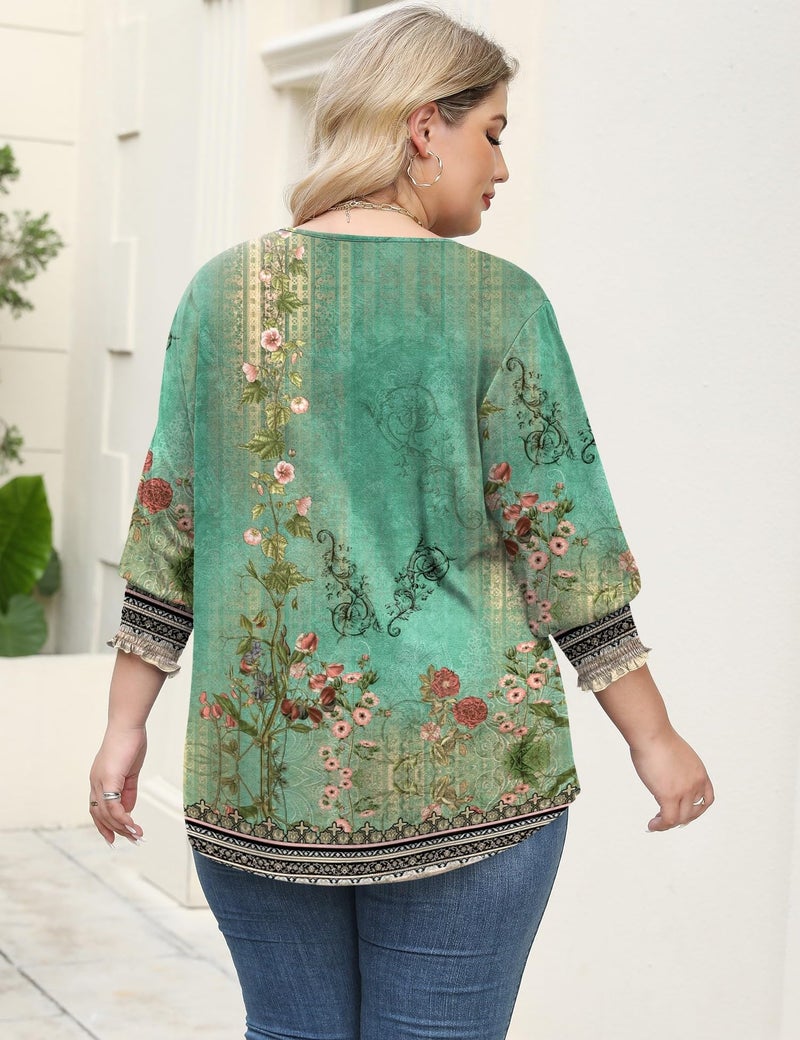Rapbin Boho Tops for Women Plus Size Early Fall Fashion Peasant Blouses for Women Business Casual Plus Size Teacher Outfits (Boho Green Printed 2XL) - Image 4