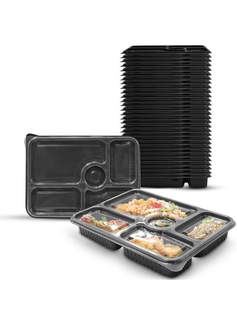 Lynacz Original 48 Pieces Microwave Disposable Container With Lid Rectangular - 5 Compartment Meal Prep Container Set - Plastic Container For Kitchen Food Storage - Take Away Containers For Lunch Boxes - Image 1