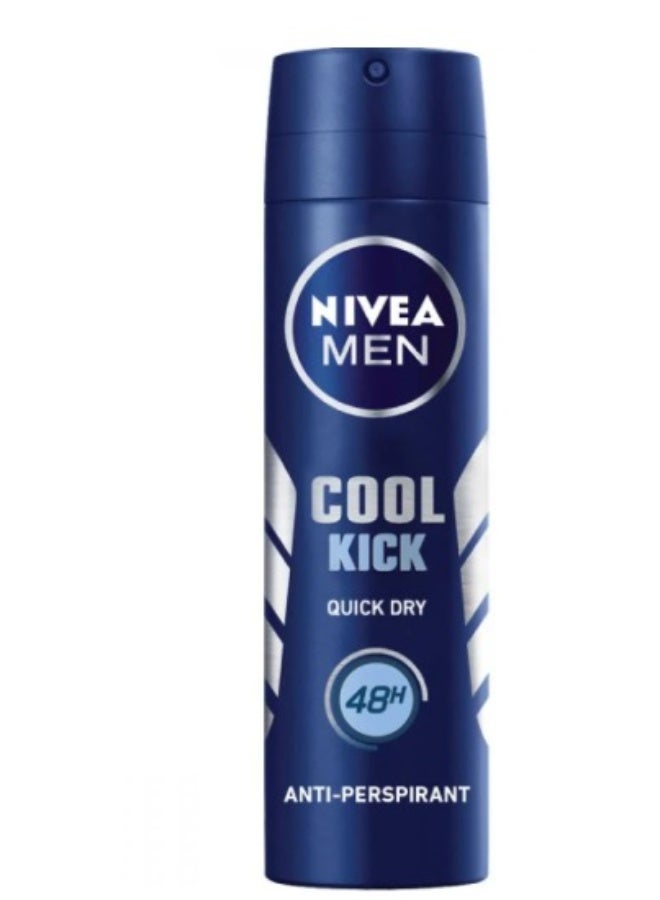 Nivea Men Cool Kick Deodorant Spray. Product details:  Protection and Effectiveness: Provides effective protection against sweat and odor for up to 48 hours.  Freshness: Provides an immediate feeling of freshness and vitality thanks to the Cool-Care formula.  Quick Drying: Features a light, quick-drying formula.  Ingredients: Contains avocado oil and is free of ethyl alcohol and colorants.  Use: Dermatologically tested.  Additional Benefits: Leaves no residue or stains on clothes (black or white).