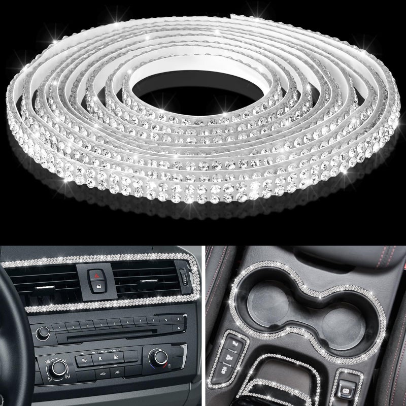 Kingdder 164Ft Bling Car Trim Self Adhesive Glitter Crystal Rhinestone Car Interior Exterior Accessories for Women DIY Line Molding Stickers for Auto Dashboard Diamond Ribbon Strips Decor White