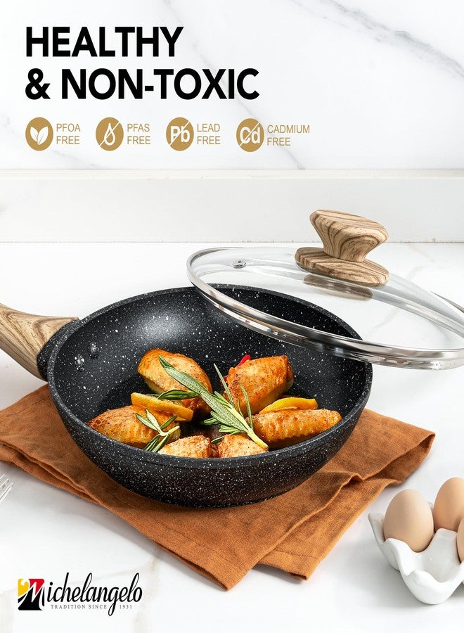 مايكل أنجيلو مقلاة مايكل أنجلو غير لاصقة - مقلاة غير لاصقة مقاس 12 بوصة بغطاء زجاجي، مقلاة حجرية كبيرة بمقبض مريح، متوافقة مع المواقد الحثية، لون أسود - Image 5