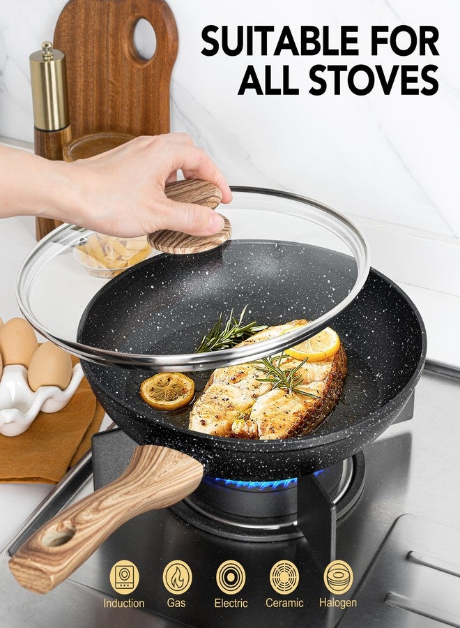 مايكل أنجيلو مقلاة مايكل أنجلو غير لاصقة - مقلاة غير لاصقة مقاس 12 بوصة بغطاء زجاجي، مقلاة حجرية كبيرة بمقبض مريح، متوافقة مع المواقد الحثية، لون أسود - Image 4