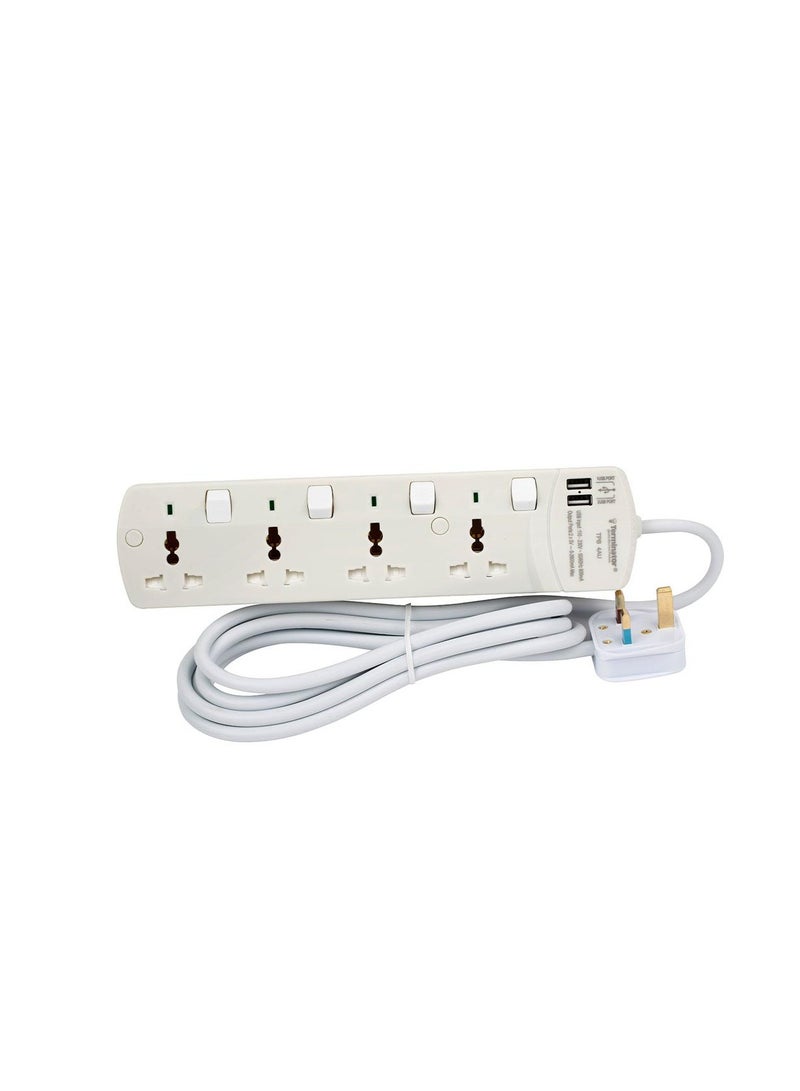 Terminator 4 Way Multicolour Universal Power Extension Socket With 2 USB - Image 1
