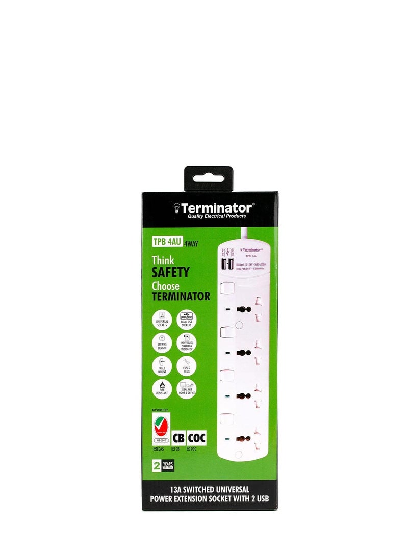 Terminator 4 Way Multicolour Universal Power Extension Socket With 2 USB - Image 2