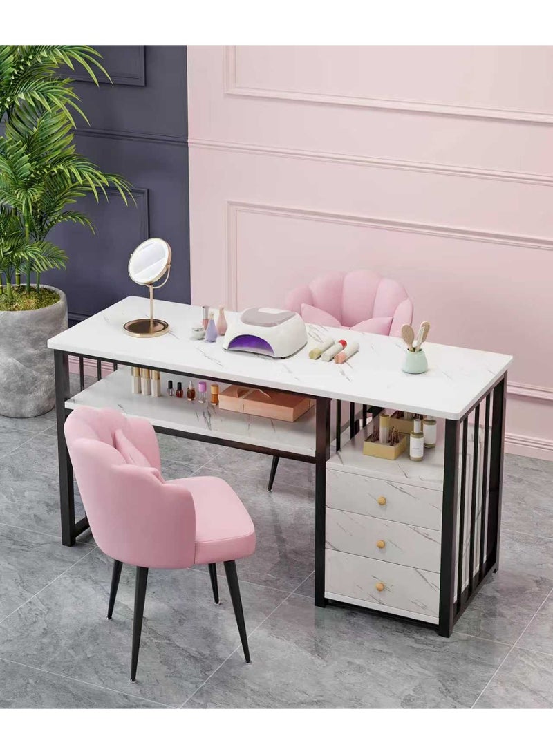 طاولة فن الأظافر، منضدة عمل الأظافر، طاولة زينة من الرخام مع 3 أدراج للتخزين وأرفف مفتوحة؛ مناسبة لصالونات التجميل والمنتجعات الصحية وغرف النوم (YN128) - Image 1