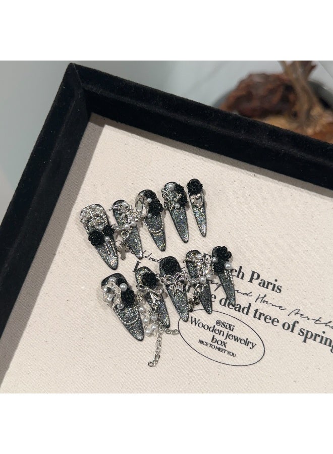 Generic [10PCS Luxury Press-On Nail Kit] Swarovski Crystals + 3D Sculpted Design | No UV Light Needed | Long-Lasting Jelly Glue | Magnetic Velvet Gift Box  - Image 4