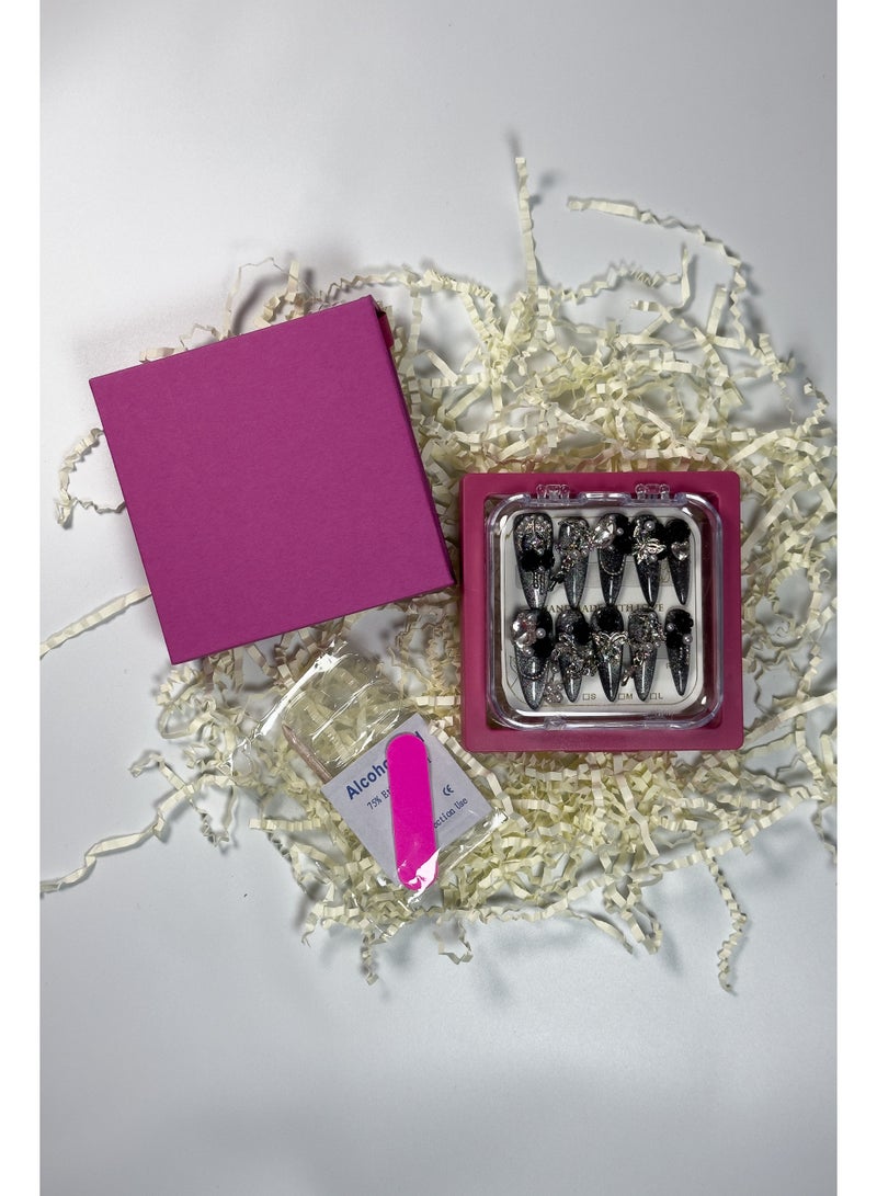 Generic [10PCS Luxury Press-On Nail Kit] Swarovski Crystals + 3D Sculpted Design | No UV Light Needed | Long-Lasting Jelly Glue | Magnetic Velvet Gift Box  - Image 1