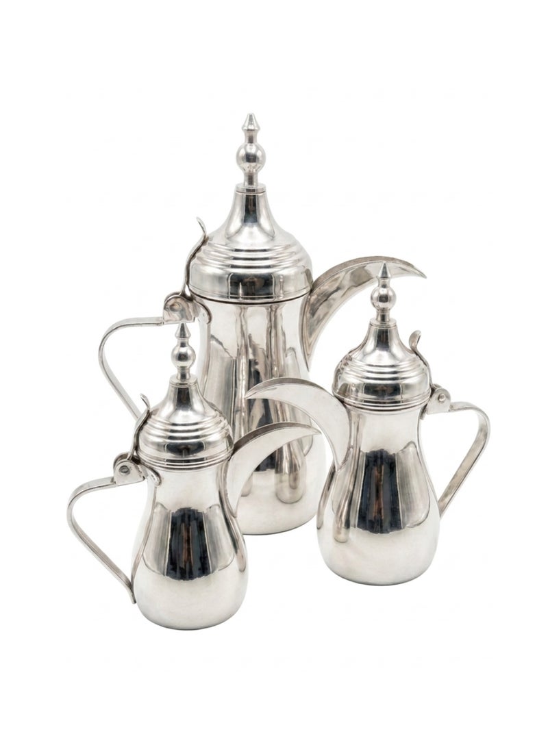 Arabic Dallah Coffee Pot Set 3 Pieces — Silver Stainless Steel — Large Medium Small — Majlis Gift - Image 2