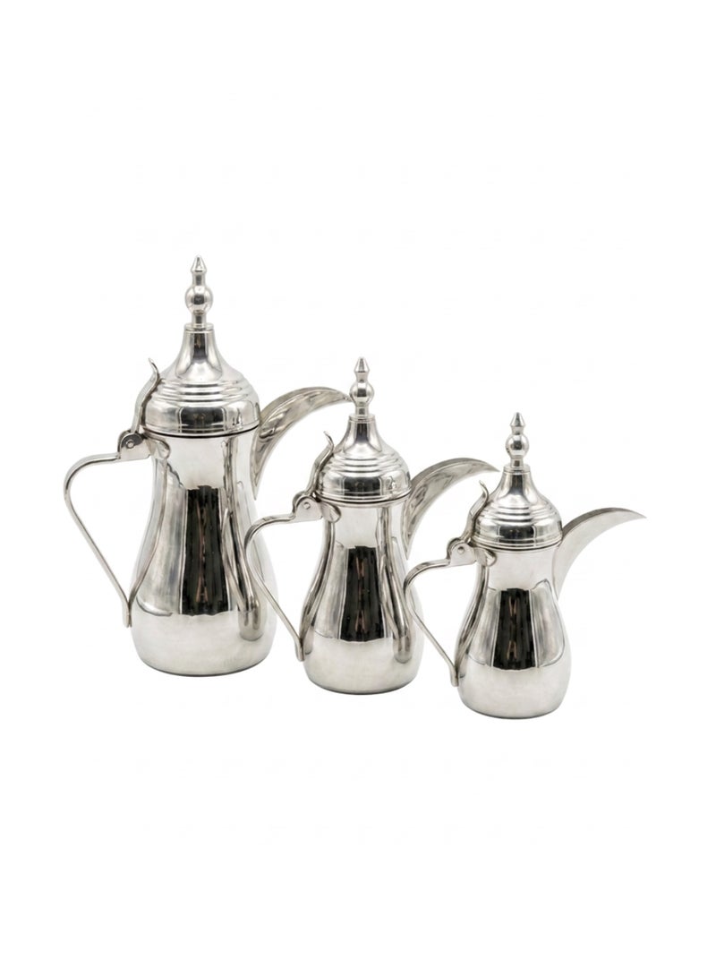 Arabic Dallah Coffee Pot Set 3 Pieces — Silver Stainless Steel — Large Medium Small — Majlis Gift - Image 1