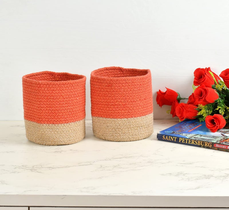 LaVichitra Braided Cotton Baskets | Planter Basket- Set of 2 (6 Inch), Orange - Image 1