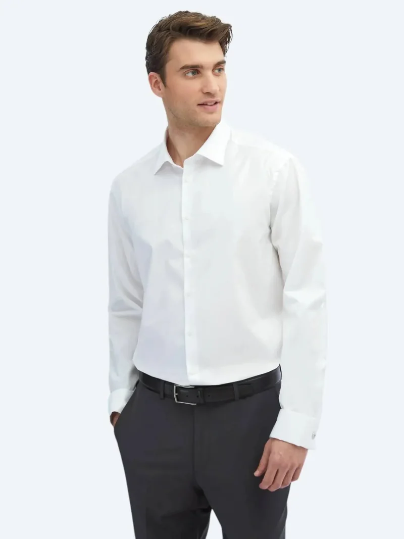 Kip White Plain Regular Fit Weaving Classical 100% Cotton Shirt