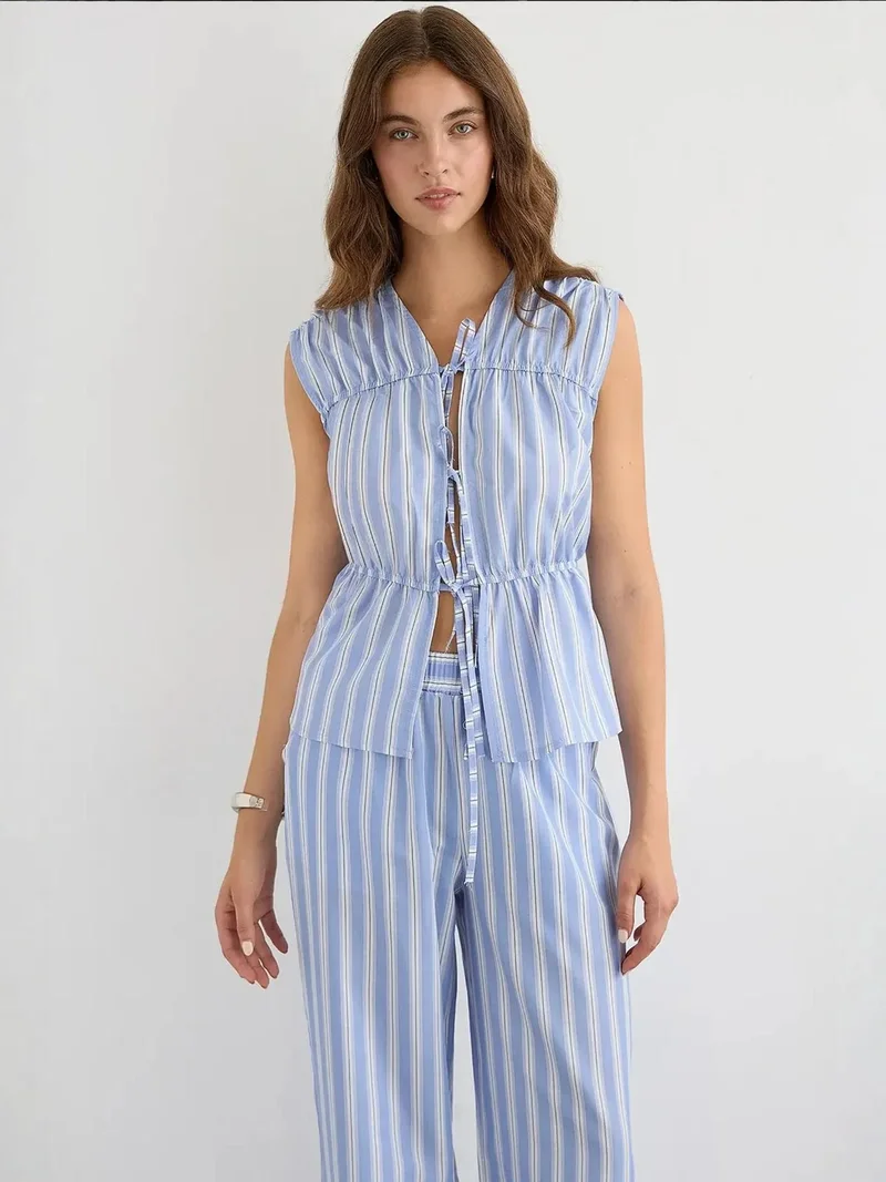 HICCUP Striped Crew Neck Blouse with Bow