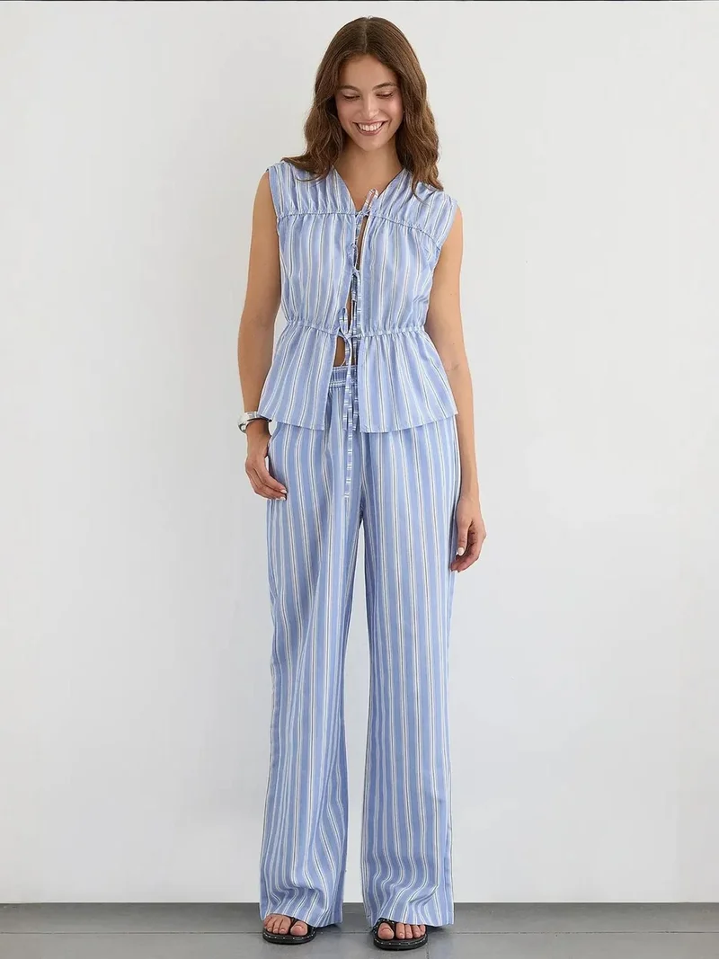 HICCUP Striped Crew Neck Blouse with Bow