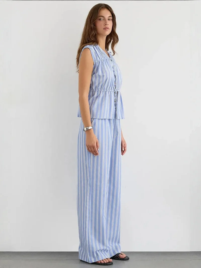 Hiccup Blue Striped Sleeveless Button-Through Peplum Blouse for Women | Best Price UAE
