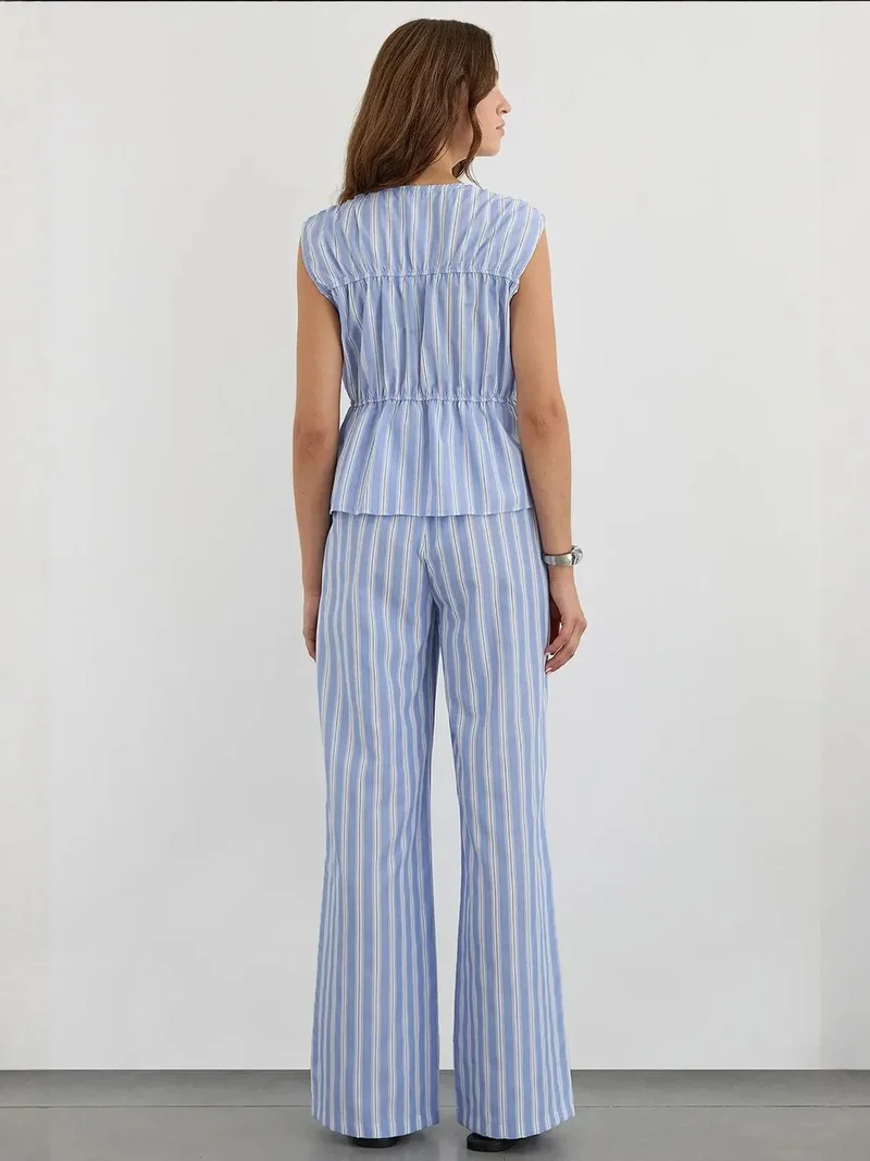 Hiccup Blue Striped Sleeveless Button-Through Peplum Blouse for Women | Best Price UAE