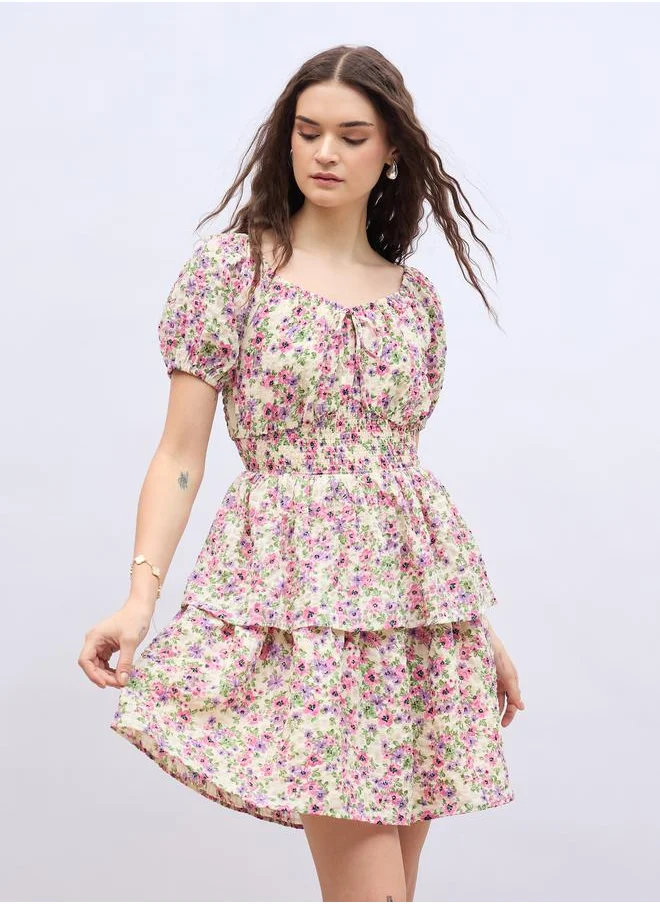 ستايلي Styli Floral Print Ruff Sleeve Smocked Detail Knee-Length Dress